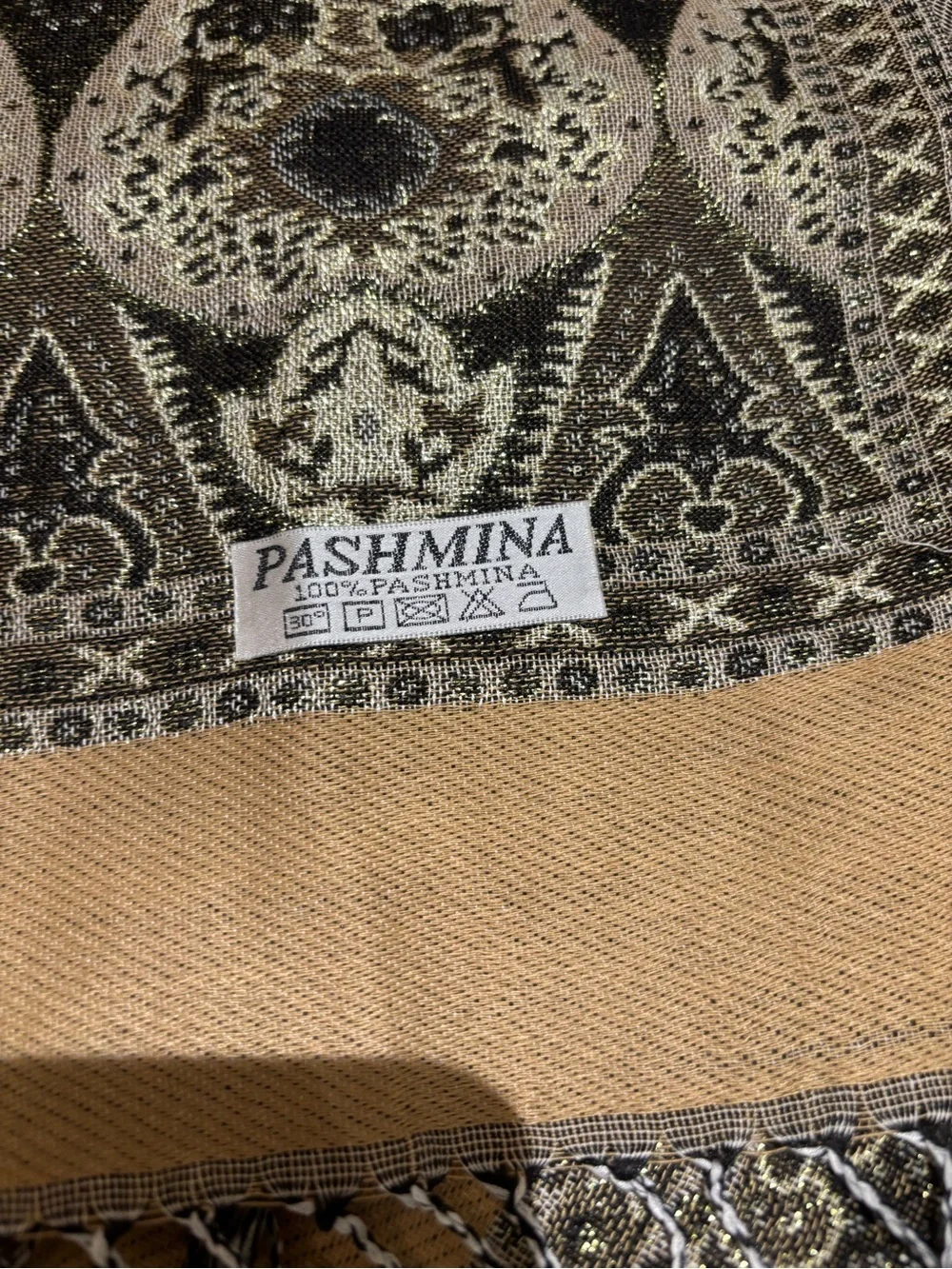 pashmina Tan and Gray Paisley Fringe Wrap